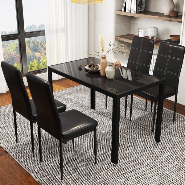 HOMCOM Set Sedie Tavolo da Prando Moderne 5 Pezzi, Sedie Sala da Pranzo Moderne in Similpelle e Tavolo in Vetro Temperato, Nero | Aosom Italy