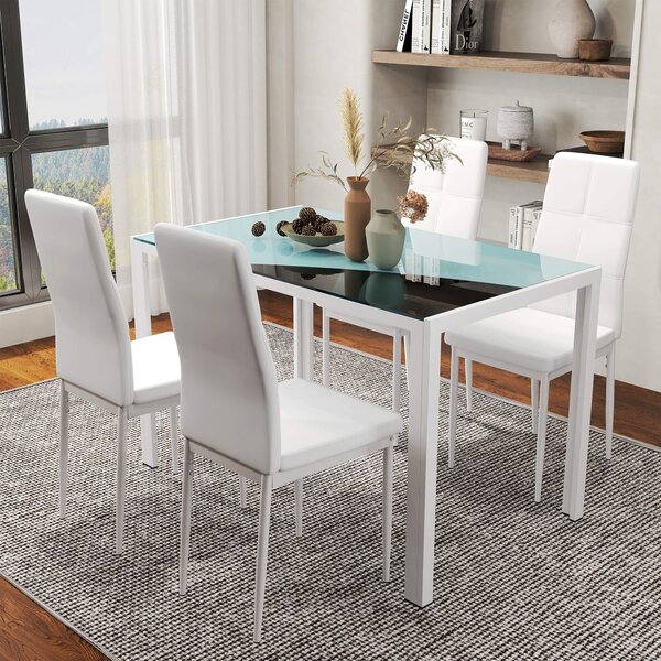 HOMCOM Set 5 Pezzi con 1 Tavolo e 4 Sedie imbottite per Cucina o Sala da Pranzo in Finta Pelle, Metallo e Vetro Temperato, Bianco| Aosom Italy
