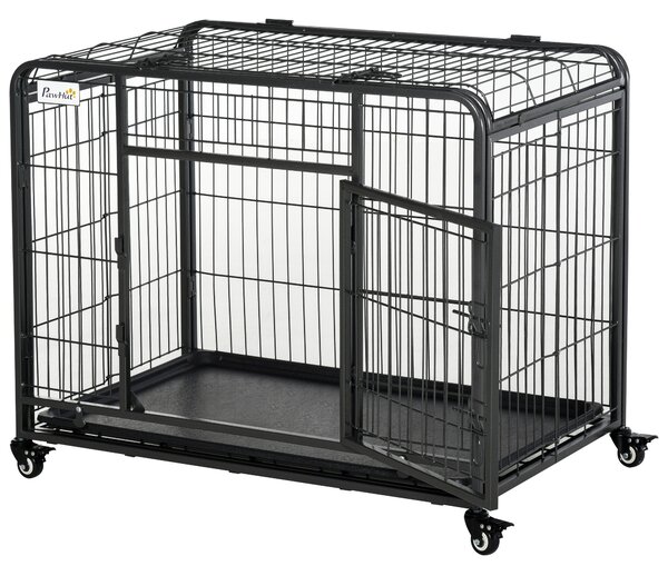 PawHut Kennel per Cani Pieghevole a Doppia Porta con Blocco, 4 Ruote con Freno e Fondo Rimovibile, 94x58x69.5 cm, Grigio | Aosom Italy
