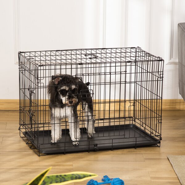 PawHut Gabbia per Animali Domestici Trasportino per Cani e Gatti Pieghevole in Acciaio Doppia Apertura 76 × 46 × 52cm Nero|Aosom