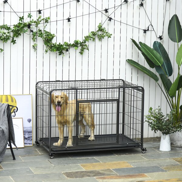 PawHut Kennel Gabbia per Cani Pieghevole Doppia Porta con Blocco 4 Ruote con Freno e Fondo Rimovibile, 125x76x81cm|Aosom