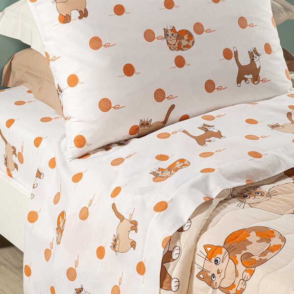 Copriletto Trapuntato In Cotone Gattini Singolo Caleffi Kids Ragazza Naturale Caleffi