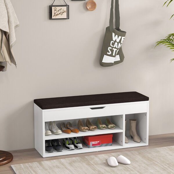 Costway Scarpiera in legno con cuscino morbido e cassetto due ripiani 104x30x48cm Bianco