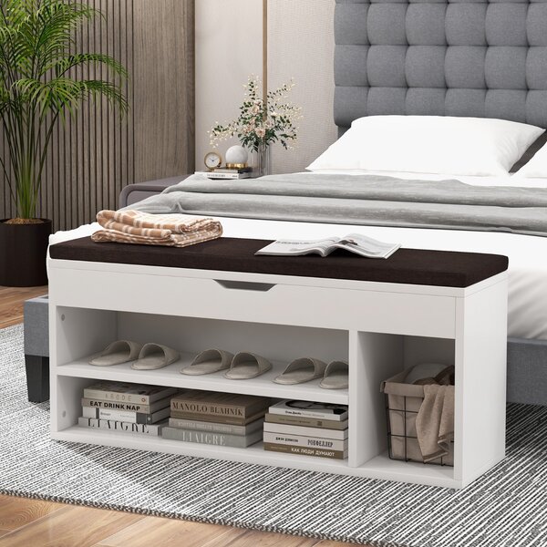 Costway Scarpiera in legno con cuscino morbido e cassetto due ripiani 104x30x48cm Bianco