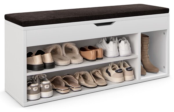 Costway Scarpiera in legno con cuscino morbido e cassetto due ripiani 104x30x48cm Bianco