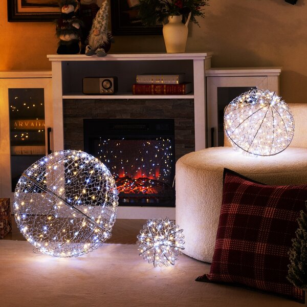 Costway Sfere metalliche grandi con 435 LED 3 colori di luce 8 modalità dinamiche, 3 palline di natale luminose per veranda Argento