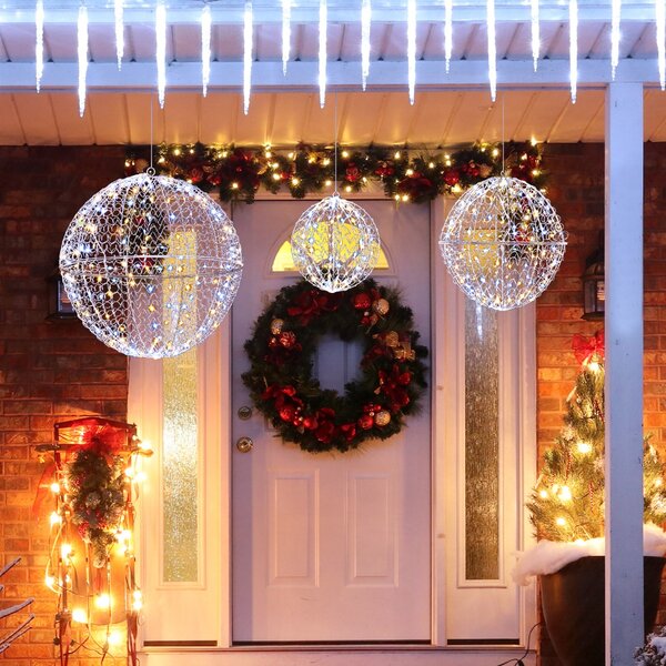 Costway Sfere metalliche grandi con 435 LED 3 colori di luce 8 modalità dinamiche, 3 palline di natale luminose per veranda Argento