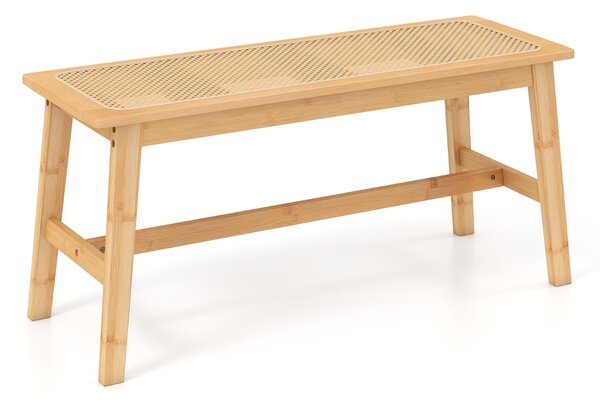Costway Panca da pranzo in bambù 100 cm con seduta in rattan intrecciato a mano, Panca da pranzo in stile fattoria Legno naturale