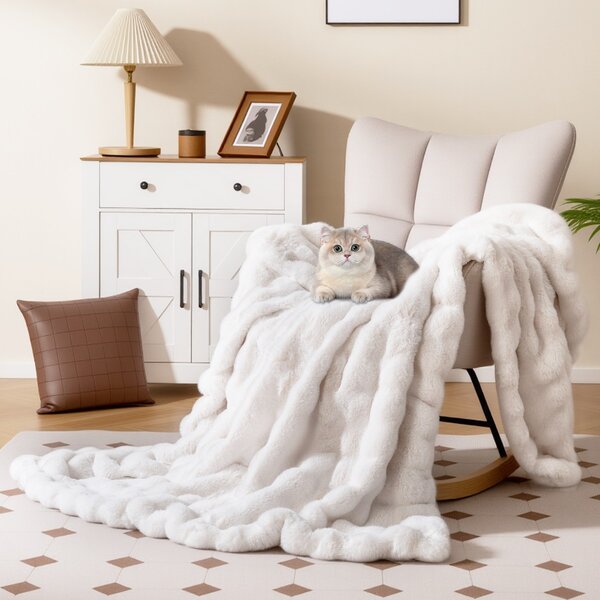 Costway Coperta in pelliccia ecologica di lusso plaid soffice in pelliccia di coniglio con effetto bolle, Coperta poltrona e divano