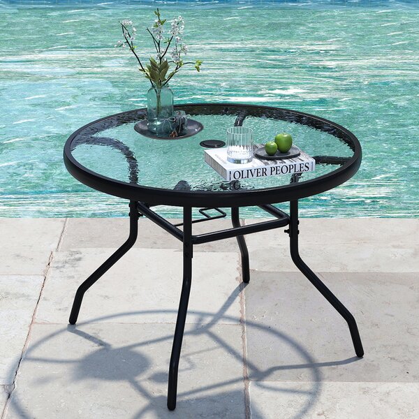 Costway Tavolino rotondo esterno vetro temperato foro 4,2cm metallica robusta, Tavolino caffè 70x70x45,5cm giardino cortile piscina