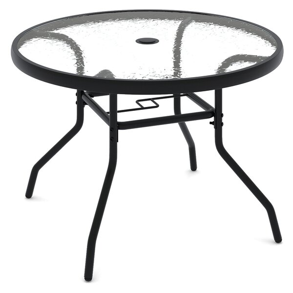 Costway Tavolino rotondo esterno vetro temperato foro 4,2cm metallica robusta, Tavolino caffè 70x70x45,5cm giardino cortile piscina