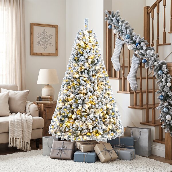 Costway Albero di natale artificiale 183 cm con 928 rami e 230 luci led, Albero di natale artificiale pre-illuminato con neve