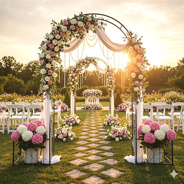 Costway Arco da giardino in metallo con vasi per piante rampicanti, Pergolato esterno robusto per matrimonio festa decorazione cerimonia