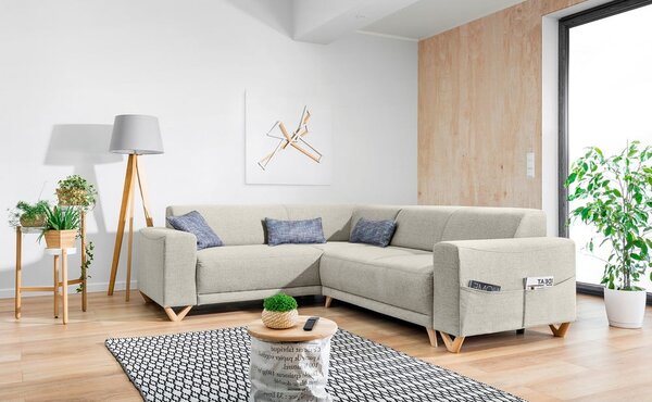 Divano angolare beige allungabile e con contenitore (con penisola a sinistra/a L) Classy Sophie – Miuform