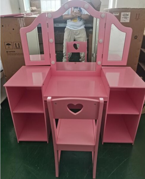 Comodino da trucco con specchio e cassetti, scrivania per il trucco, colore rosa, realizzato in pannello MDF/truciolato di alta qualità