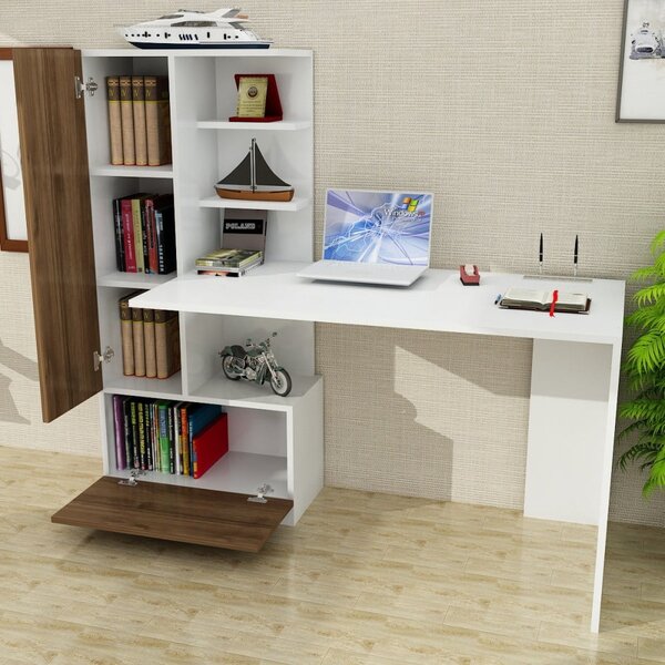 Scrivania bianca con libreria in legno di noce Domingos - Furny Home