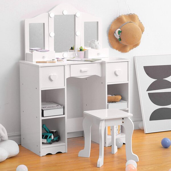 Comodino da trucco con specchio e cassetti, scrivania per il trucco, colore bianco, realizzato in pannello MDF/truciolato di alta qualità