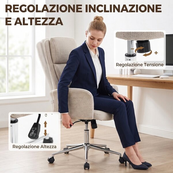 HOMCOM Sedia da Ufficio Girevole con Schienale Alto in Ciniglia Beige | Aosom Italy