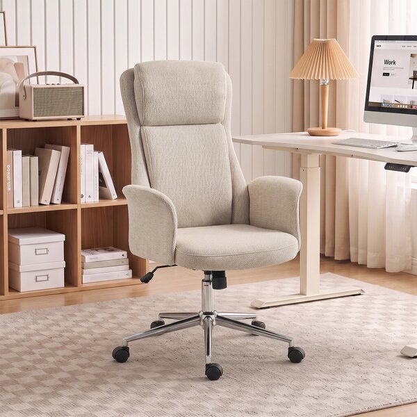 HOMCOM Sedia da Ufficio Girevole con Schienale Alto in Ciniglia Beige | Aosom Italy