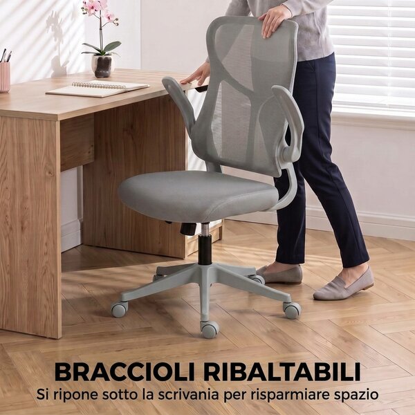 HOMCOM Sedia Ufficio Ergonomica Girevole con Braccioli Ribaltabili, Funzione Dondolo, Altezza Regolabili in Rete, Grigio | Aosom Italy