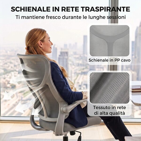 HOMCOM Sedia Ufficio Ergonomica Girevole con Braccioli Ribaltabili, Funzione Dondolo, Altezza Regolabili in Rete, Grigio | Aosom Italy