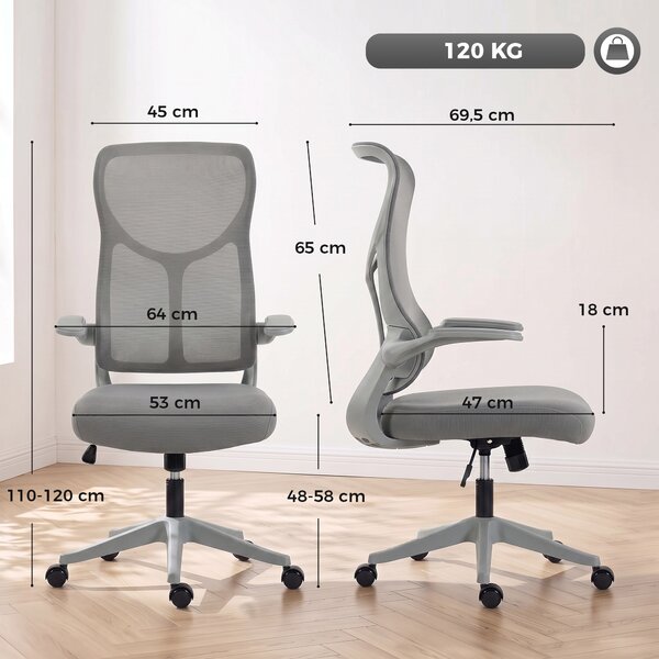 HOMCOM Sedia Ufficio Ergonomica Girevole con Braccioli Ribaltabili, Funzione Dondolo, Altezza Regolabili in Rete, Grigio | Aosom Italy
