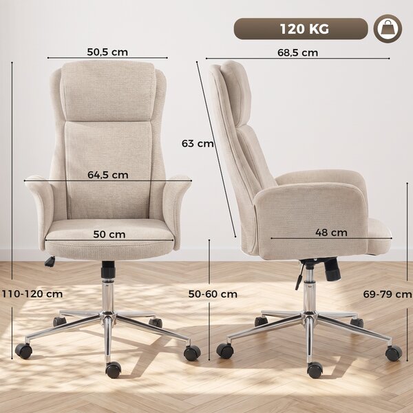 HOMCOM Sedia da Ufficio Girevole con Schienale Alto in Ciniglia Beige | Aosom Italy