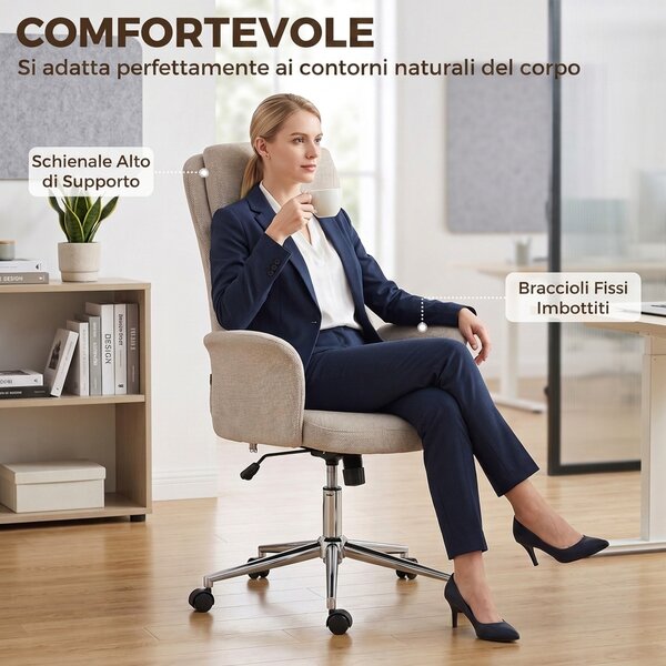 HOMCOM Sedia da Ufficio Girevole con Schienale Alto in Ciniglia Beige | Aosom Italy