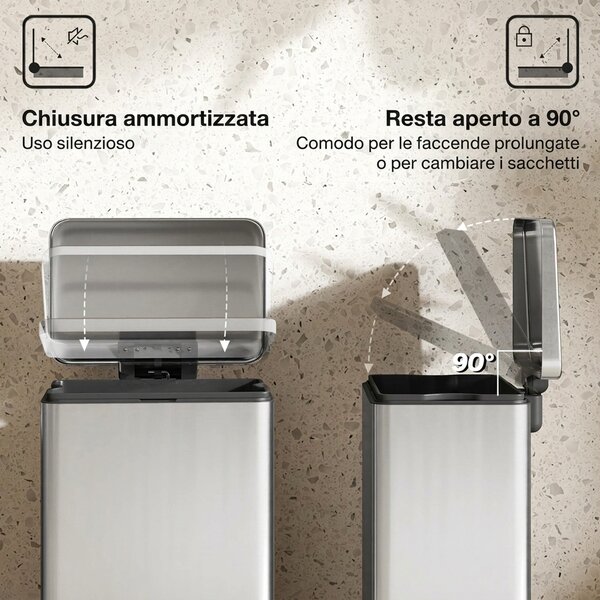HOMCOM Pattumiera Rettangolare a Pedale 20L in Metallo con Secchio Interno Rimovibile, Chiusura Ammortizzata, Argento | Aosom Italy