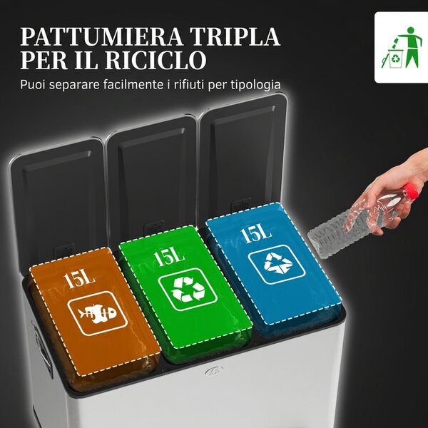 HOMCOM Pattumiera Differenziata 45L con 3 Scomparti a Chiusura Silenziosa, in Acciaio Inox e PP, 61.9x36.6x43.2 cm, Argento | Aosom Italy