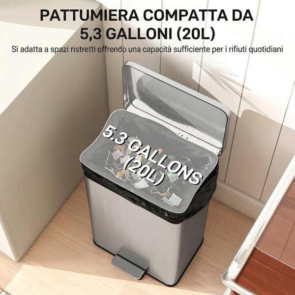 HOMCOM Pattumiera Rettangolare a Pedale 20L in Metallo con Secchio Interno Rimovibile, Chiusura Ammortizzata, Argento | Aosom Italy