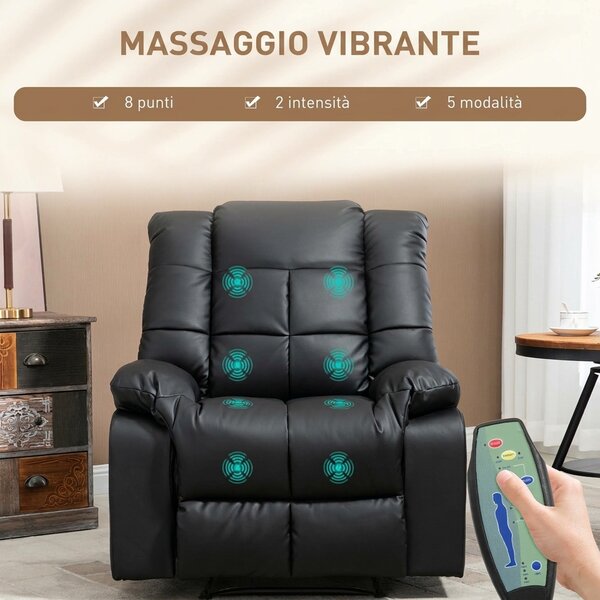 HOMCOM Poltrona Relax con 8 Punti Massaggio e Reclinazione a 165° in Finta Pelle, Nero | Aosom Italy