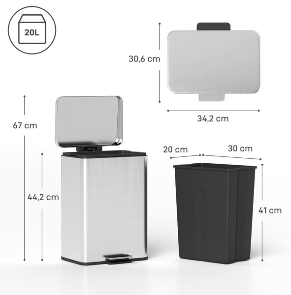 HOMCOM Pattumiera Rettangolare a Pedale 20L in Metallo con Secchio Interno Rimovibile, Chiusura Ammortizzata, Argento | Aosom Italy