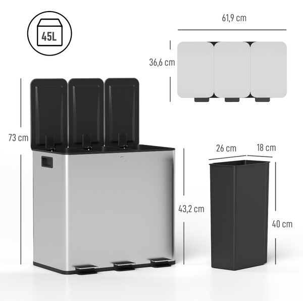HOMCOM Pattumiera Differenziata 45L con 3 Scomparti a Chiusura Silenziosa, in Acciaio Inox e PP, 61.9x36.6x43.2 cm, Argento | Aosom Italy