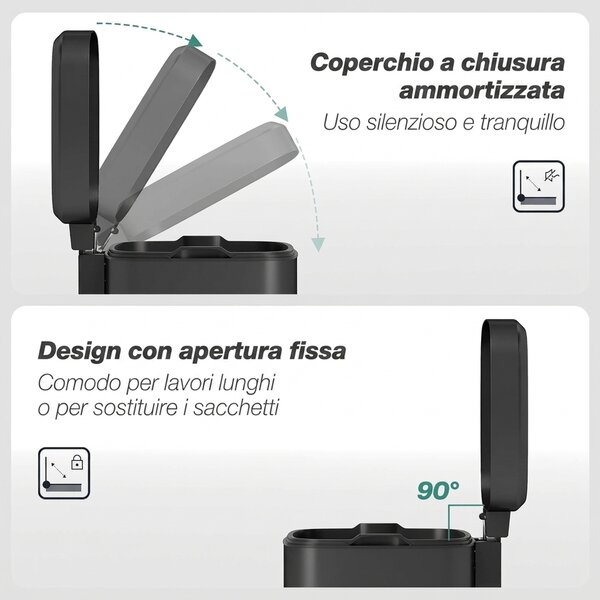 HOMCOM Pattumiera Rettangolare a Pedale 20L in Metallo con Coperchio, Secchio Rimovibile, Anti-impronte, Nero | Aosom Italy