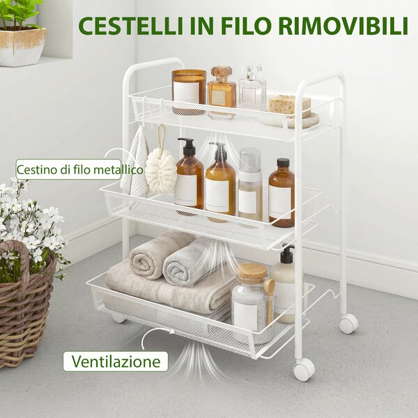 HOMCOM Carrello da Cucina a 3 Livelli con Cesti Removibili e 4 Ruote, in Acciaio e Plastica PP, 41.5Lx26.5x63 cm, Bianco | Aosom Italy