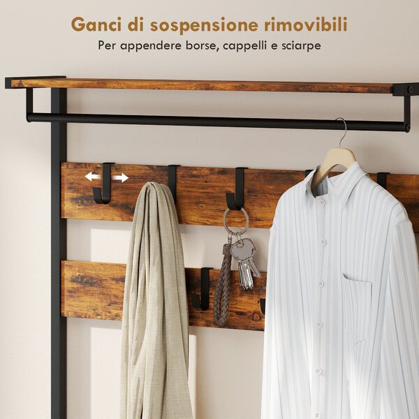 HOMCOM 5 in 1 Appendiabiti da Terra 181.5cm con Panca Portascarpe, Industriale con 10 Ganci, Struttura in Metallo, Marrone Rustico | Aosom Italy