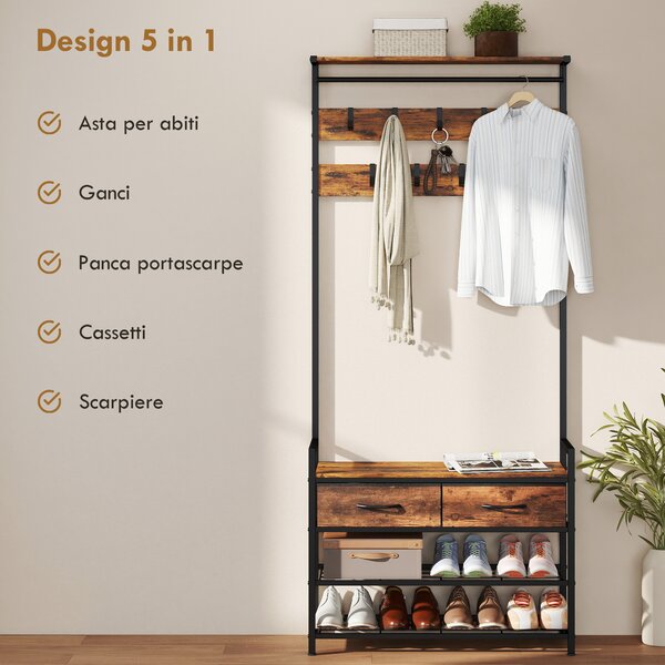 HOMCOM 5 in 1 Appendiabiti da Terra 181.5cm con Panca Portascarpe, Industriale con 10 Ganci, Struttura in Metallo, Marrone Rustico | Aosom Italy