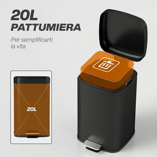 HOMCOM Pattumiera Rettangolare a Pedale 20L in Metallo con Coperchio, Secchio Rimovibile, Anti-impronte, Nero | Aosom Italy