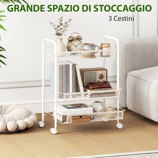 HOMCOM Carrello da Cucina a 3 Livelli con Cesti Removibili e 4 Ruote, in Acciaio e Plastica PP, 41.5Lx26.5x63 cm, Bianco | Aosom Italy