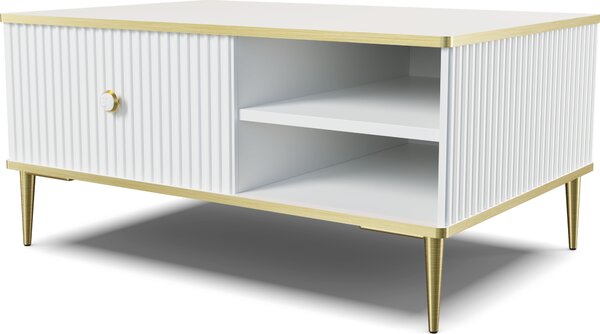 Tavolino PETRA 90x60 cm WHITE MATT con gambe in metallo dorato Tavolino da salotto, stile moderno, con spazio di archiviazione nascosto, con cassetto, ripiani