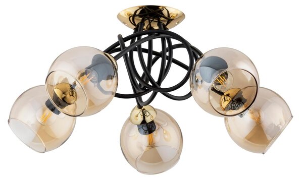 Lampada da soffitto MODENA nero-oro-ambra 5xE27x15W in metallo, dimensioni: 30x60x60 cm, IP20, Alfa