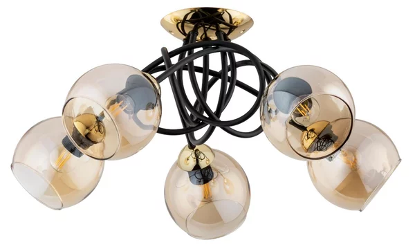 Lampada da soffitto MODENA nero-oro-ambra 5xE27x15W in metallo, dimensioni: 30x60x60 cm, IP20, Alfa