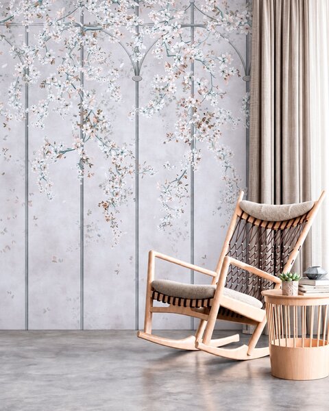 Carta da parati Rami con fiori bianchi su un traliccio decorativo blu e grigio, Carta da parati Buffer, w05923v1 : Uwalls.it