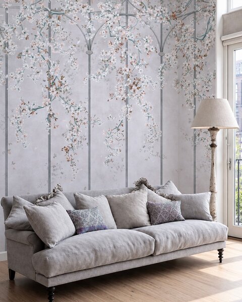 Carta da parati Rami con fiori bianchi su un traliccio decorativo blu e grigio, Carta da parati Buffer, w05923v1 : Uwalls.it