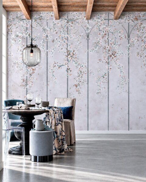 Carta da parati Rami con fiori bianchi su un traliccio decorativo blu e grigio, Carta da parati Buffer, w05923v1 : Uwalls.it