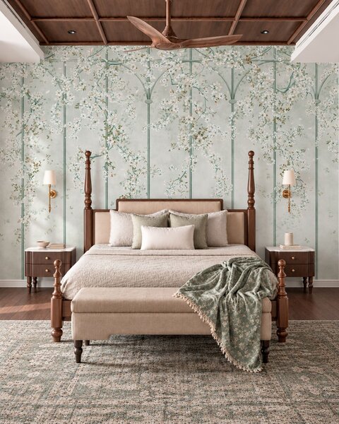 Carta da parati Rami con fiori bianchi su un traliccio decorativo verde, Carta da parati Buffer, w05923v2 : Uwalls.it