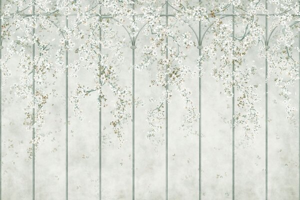 Carta da parati Rami con fiori bianchi su un traliccio decorativo verde, Carta da parati Buffer, w05923v2 : Uwalls.it