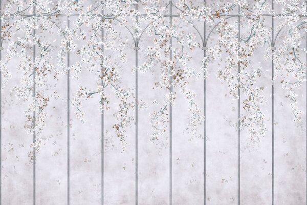 Carta da parati Rami con fiori bianchi su un traliccio decorativo blu e grigio, Carta da parati Buffer, w05923v1 : Uwalls.it