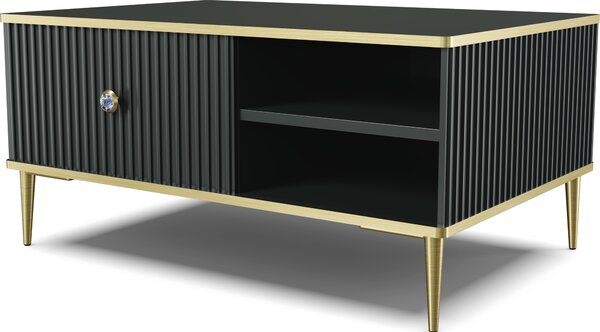 Tavolino PETRA 90x60 cm NERO OPACO con piedini in metallo dorato Tavolino da salotto, stile moderno, con vano portaoggetti nascosto, con cassetto, ripiani
